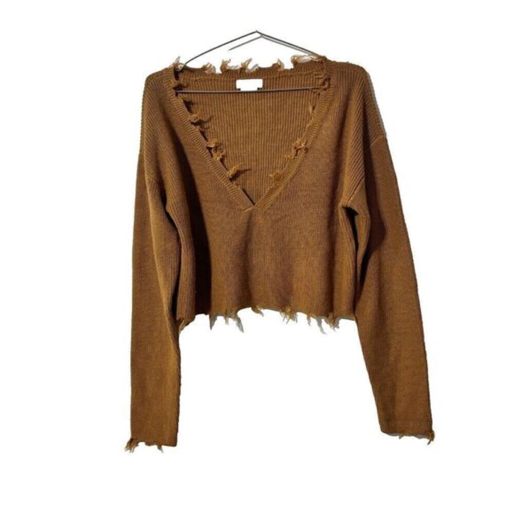 Lovers and Friends‎ Ripped Cropped Sweater M Brown Distressed Pullover Edgy Chic